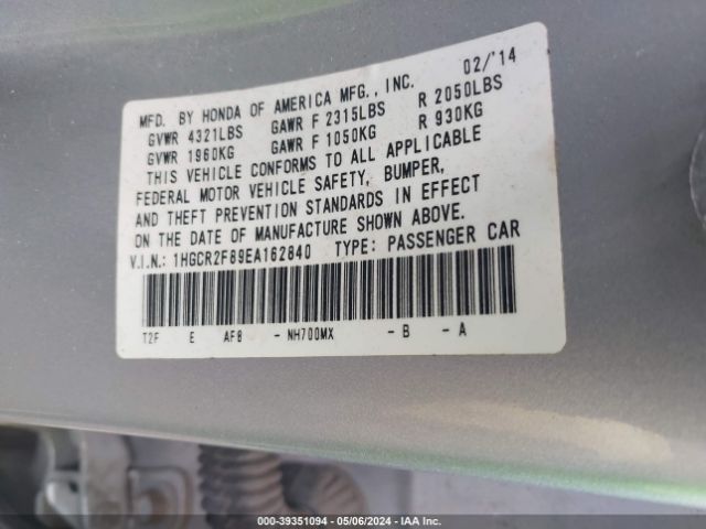 1HGCR2F89EA162840 Honda Accord Ex-l