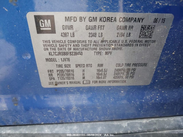 Chevrolet Trax Lt 2015 KL7CJRSB8FB239450 Image 9