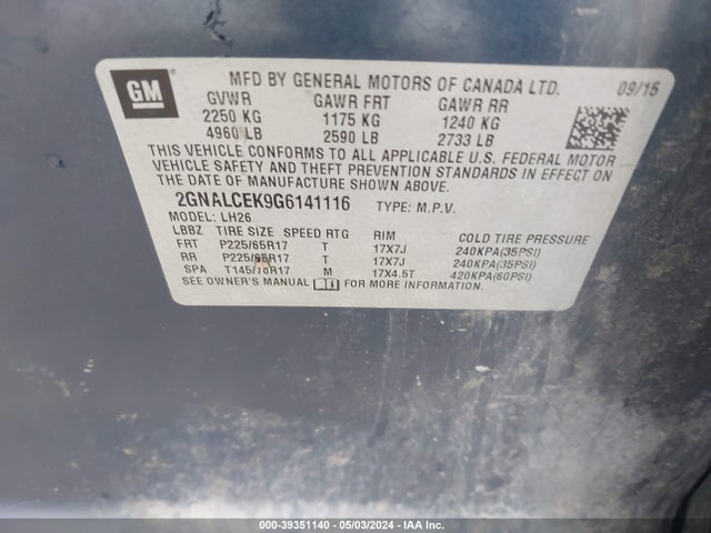Chevrolet EQUINOX LT 2016 2GNALCEK9G6141116 Image 9