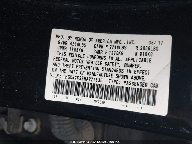 Honda ACCORD LX 2017 1HGCR2F35HA271630 Image 9