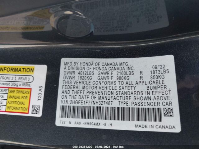 2HGFE1F77NH327487 Honda CIVIC EX