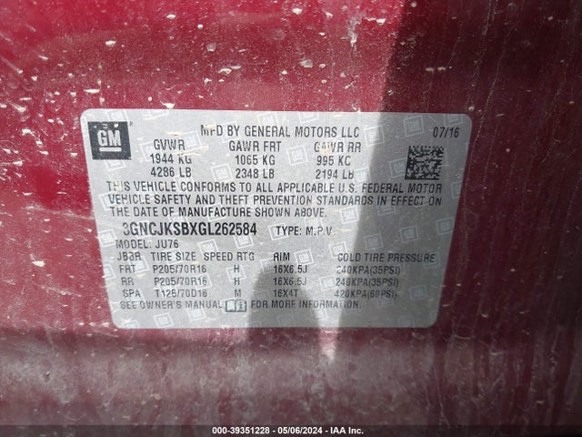 Chevrolet Trax 1ls 2016 3GNCJKSBXGL262584 Image 9
