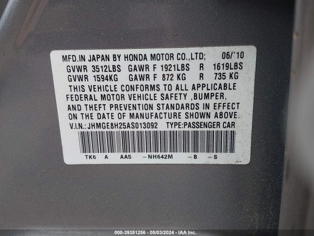 39351256 :رقم المزاد ، JHMGE8H25AS013092 vin ، 2010 Honda Fit مزاد بيع