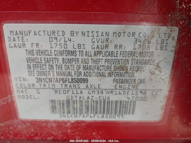 Nissan Versa 1.6 S+ 2015 3N1CN7AP6FL850099 Image 9