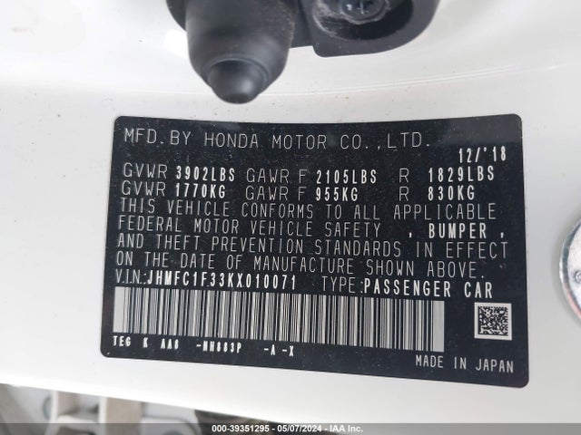 Honda CIVIC EX 2019 JHMFC1F33KX010071 Image 9