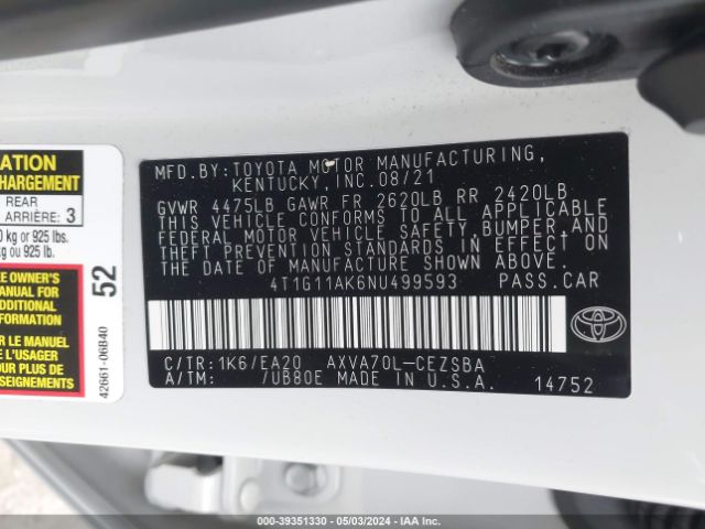 4T1G11AK6NU499593 Toyota CAMRY SE