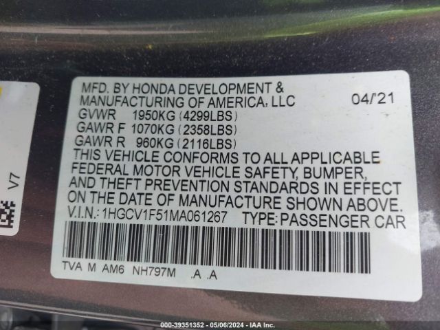 1HGCV1F51MA061267 Honda Accord Ex-l