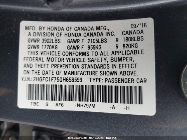 Honda Civic Ex-l 2016 2HGFC1F75GH658593 Image 9
