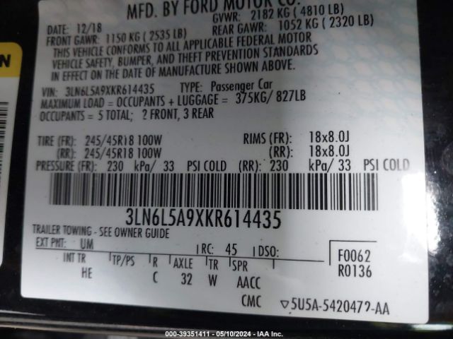 3LN6L5A9XKR614435 Lincoln Mkz Standard