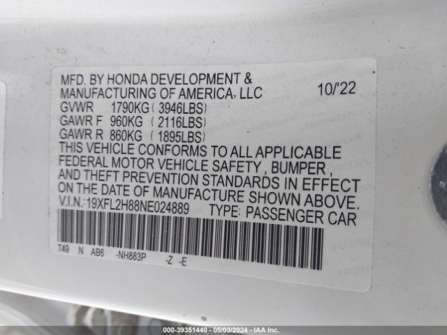 19XFL2H88NE024889 Honda Civic Sport