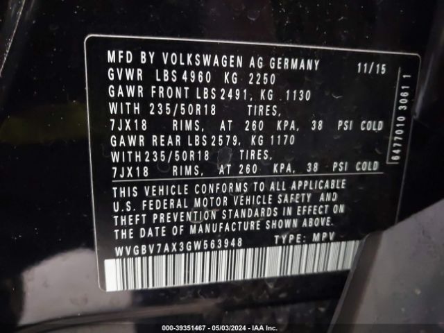 WVGBV7AX3GW563948 Volkswagen TIGUAN SE