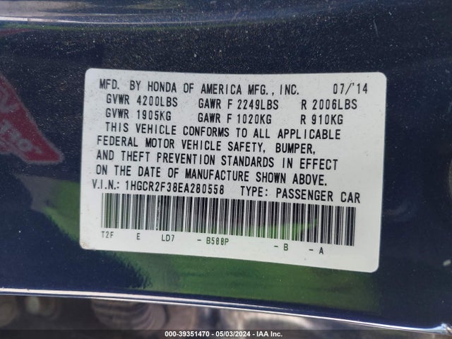 Honda ACCORD LX 2014 1HGCR2F38EA280558 Image 9