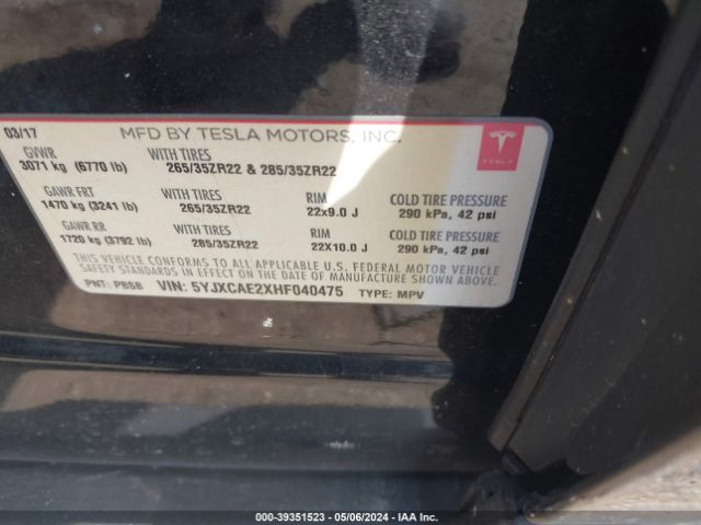 5YJXCAE2XHF040475 Tesla Model X 100d/75d/90d