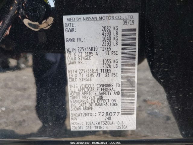 5N1AT2MTXLC728077 Nissan Rogue Sl Fwd