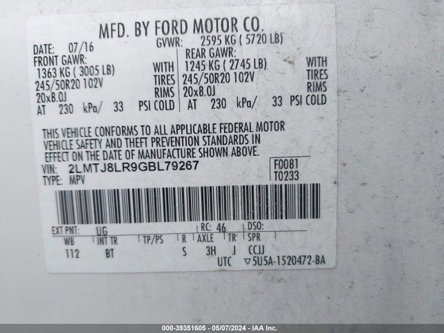 Lincoln Mkx Reserve 2016 2LMTJ8LR9GBL79267 Image 9
