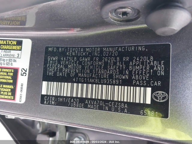 Toyota CAMRY SE 2020 4T1G11AK8LU935891 Image 9