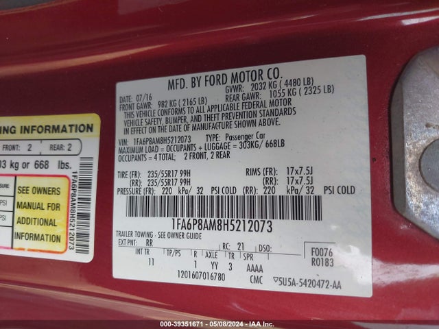 Ford Mustang V6 2017 1FA6P8AM8H5212073 Image 9