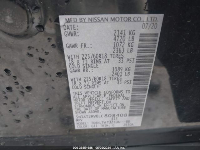 5N1AT2MV0LC808408 Nissan Rogue Sv Intelligent Awd