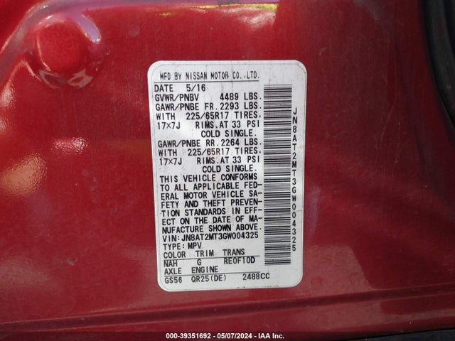 Nissan ROGUE S 2016 JN8AT2MT3GW004325 Image 9