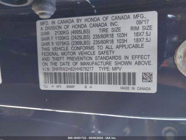 2HKRW2H82HH679277 Honda Cr-v Ex-l/ex-l Navi