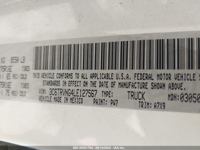 3C6TRVNG4LE127567 RAM Promaster 1500 Low Roof 118 Wb