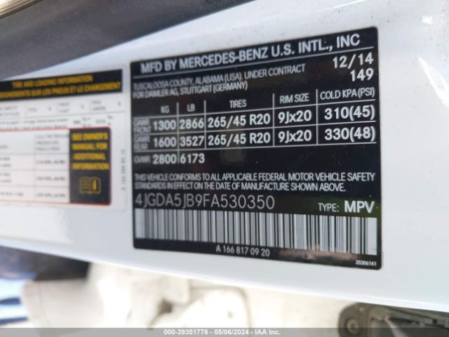 4JGDA5JB9FA530350 Mercedes-Benz ML 350