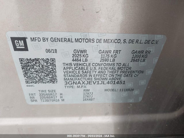 Chevrolet EQUINOX LT 2018 3GNAXJEV1JL401451 Image 9