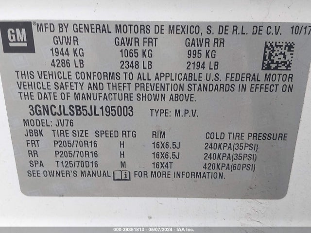 Chevrolet Trax Lt 2018 3GNCJLSB5JL195003 Image 9