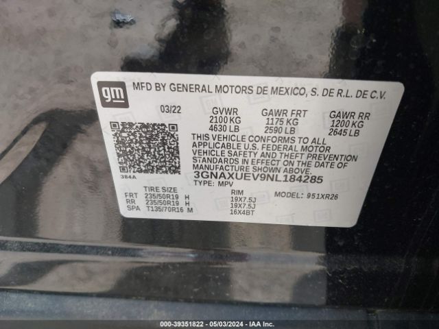 3GNAXUEV9NL184285 Chevrolet Equinox Awd Lt