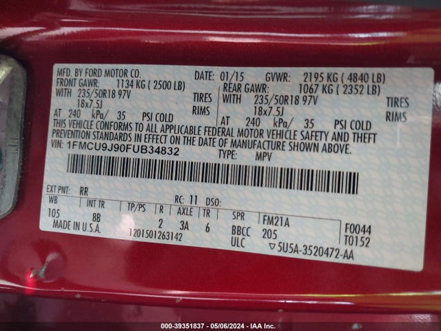 Ford Escape Titanium 2015 1FMCU9J90FUB34832 Image 9