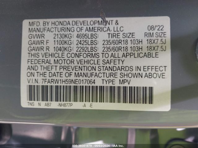 7FARW1H59NE017064 Honda Cr-v 2wd Ex