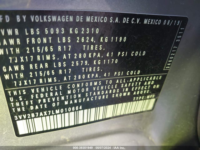 3VV2B7AX7LM010664 Volkswagen Tiguan 2.0t Se/2.0t Se R-line Black/2.0t Sel