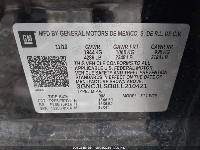 Chevrolet Trax Fwd Lt 2020 3GNCJLSB8LL210421 Image 9