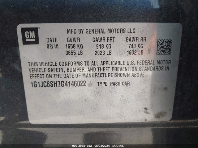 Chevrolet Sonic Lt Auto 2016 1G1JC6SH7G4146022 Image 9
