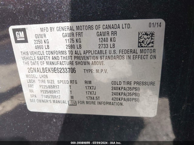 Chevrolet EQUINOX 1LT 2014 2GNALBEK9E6233706 Image 9
