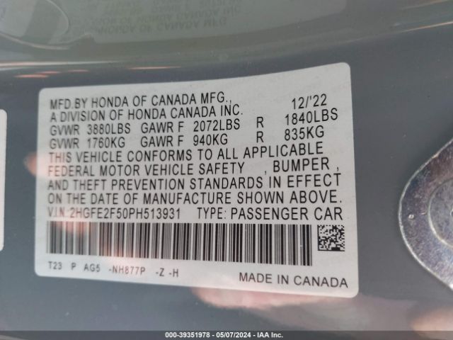 2HGFE2F50PH513931 Honda Civic Sport