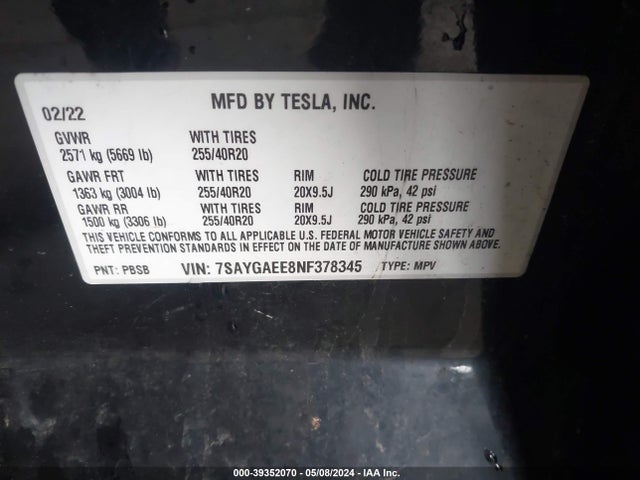 2022 TESLA MODEL Y 7SAYGAEE8NF378345 Photo 8