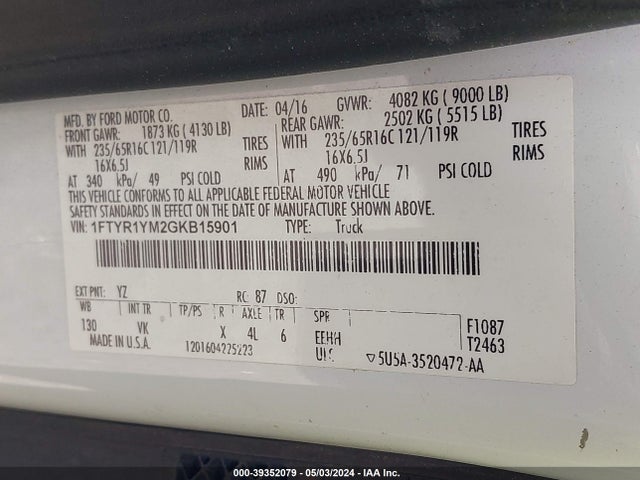 Ford Transit-250 2016 1FTYR1YM2GKB15901 Image 9