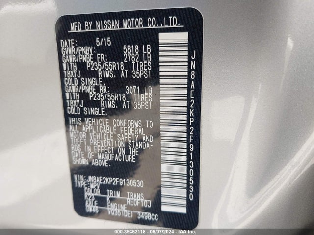 Nissan Quest Sl 2015 JN8AE2KP2F9130530 Image 9