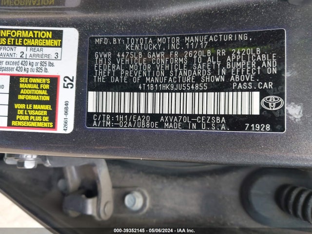 Toyota CAMRY SE 2018 4T1B11HK9JU554855 Image 9