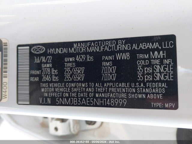 Hyundai TUCSON SEL 2022 5NMJB3AE5NH148999 Image 9