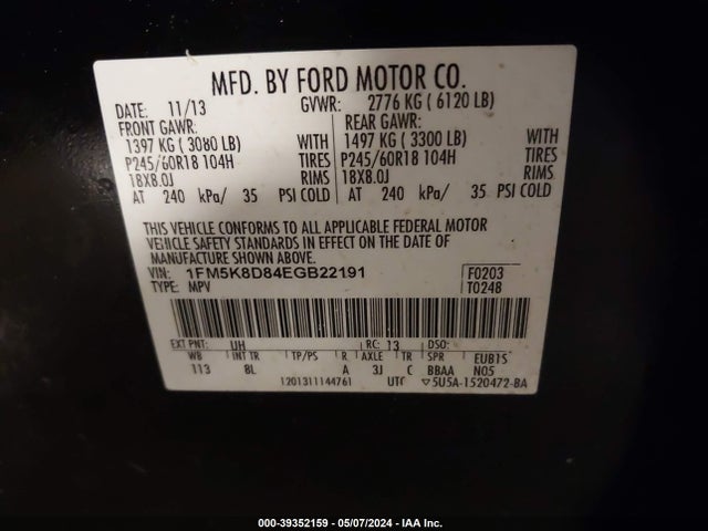 Ford EXPLORER XLT 2014 1FM5K8D84EGB22191 Image 9
