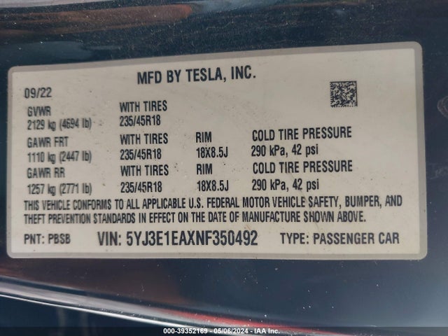 Tesla Model 3 Rear-wheel Drive 2022 5YJ3E1EAXNF350492 Image 9