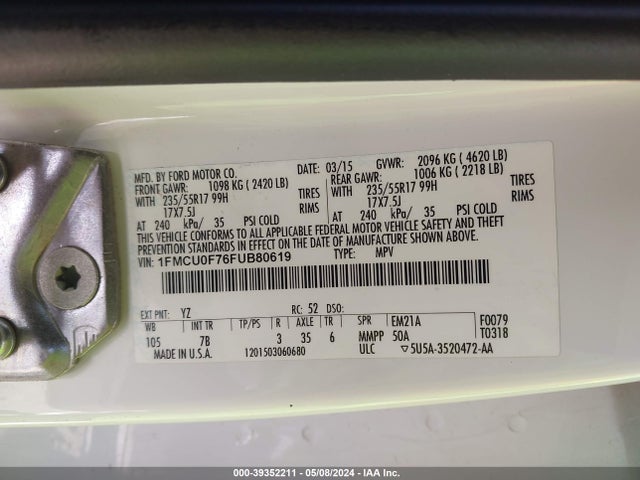 Ford ESCAPE S 2015 1FMCU0F76FUB80619 Image 9