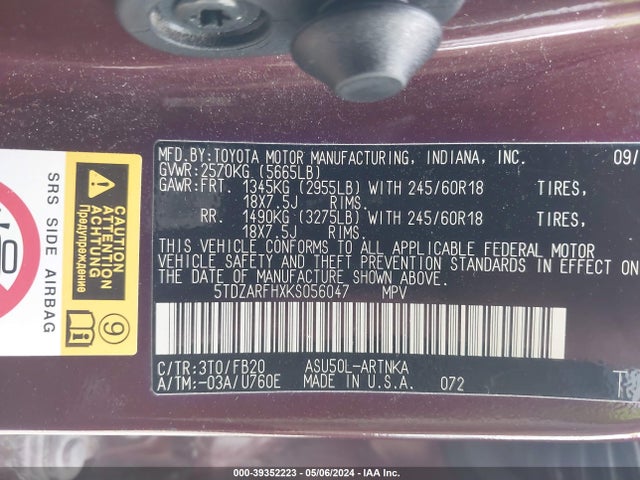 Toyota Highlander Le 2019 5TDZARFHXKS056047 Image 9