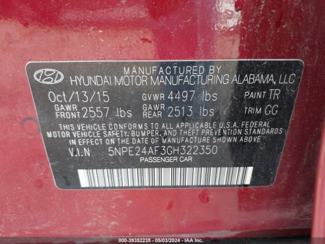 5NPE24AF3GH322350 Hyundai SONATA SE