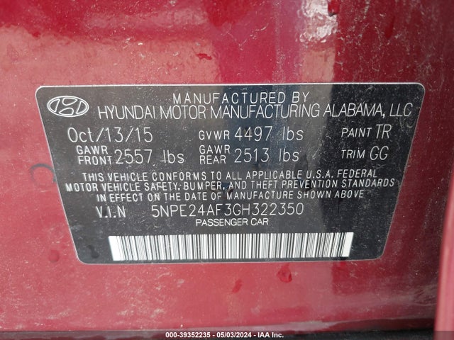 Hyundai SONATA SE 2016 5NPE24AF3GH322350 Image 9