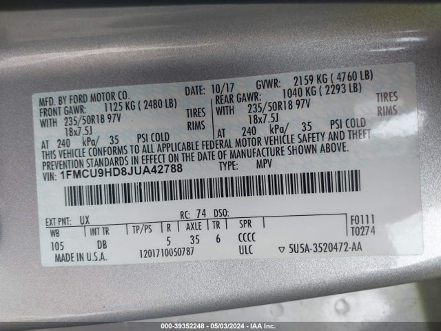 Ford ESCAPE SEL 2018 1FMCU9HD8JUA42788 Image 9