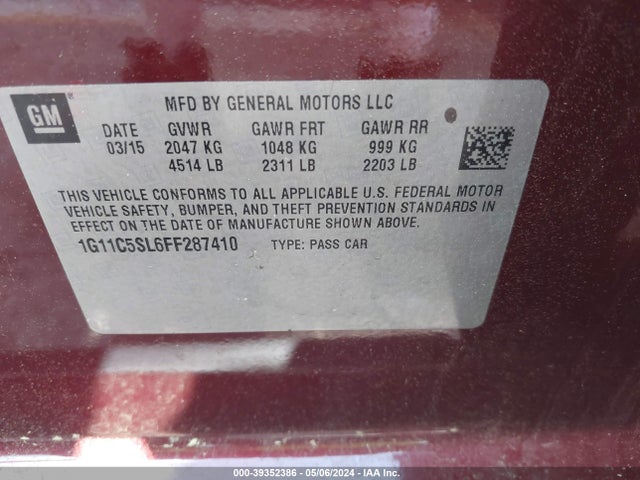 Chevrolet MALIBU 1LT 2015 1G11C5SL6FF287410 Image 9
