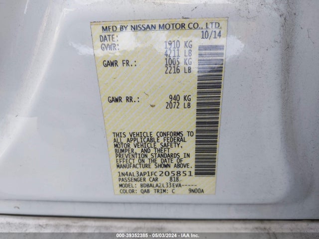 Nissan ALTIMA 2.5 2015 1N4AL3AP1FC205851 Image 9